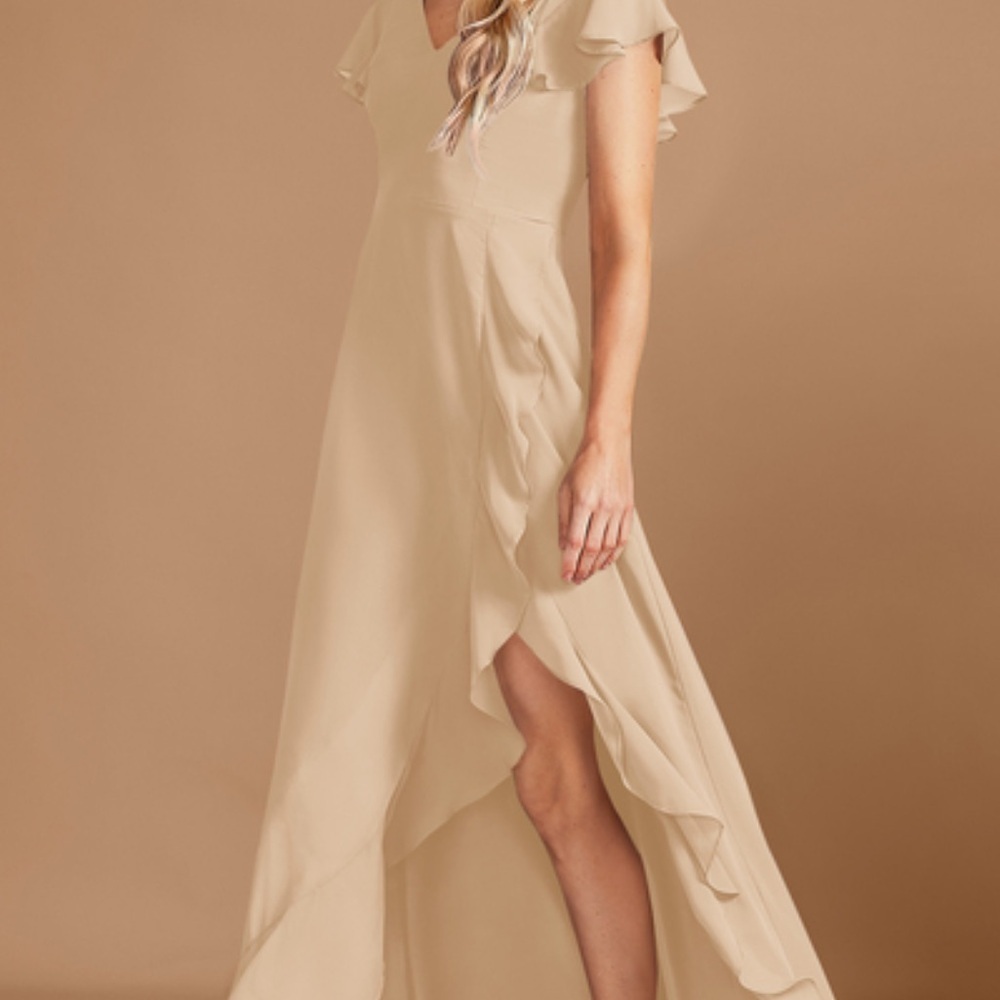 Tan Asymmetrical Silky Sundress with Flutter Sleeves - Picture 4 of 4